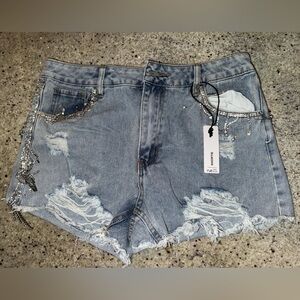 Embellished Distressed Denim Shorts